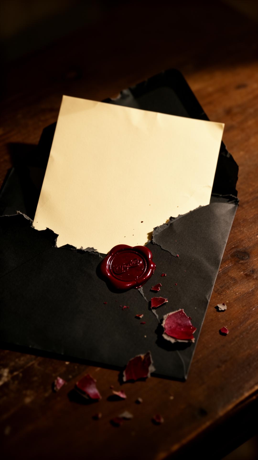 A cream letter slipping from a torn black envelope with broken red wax